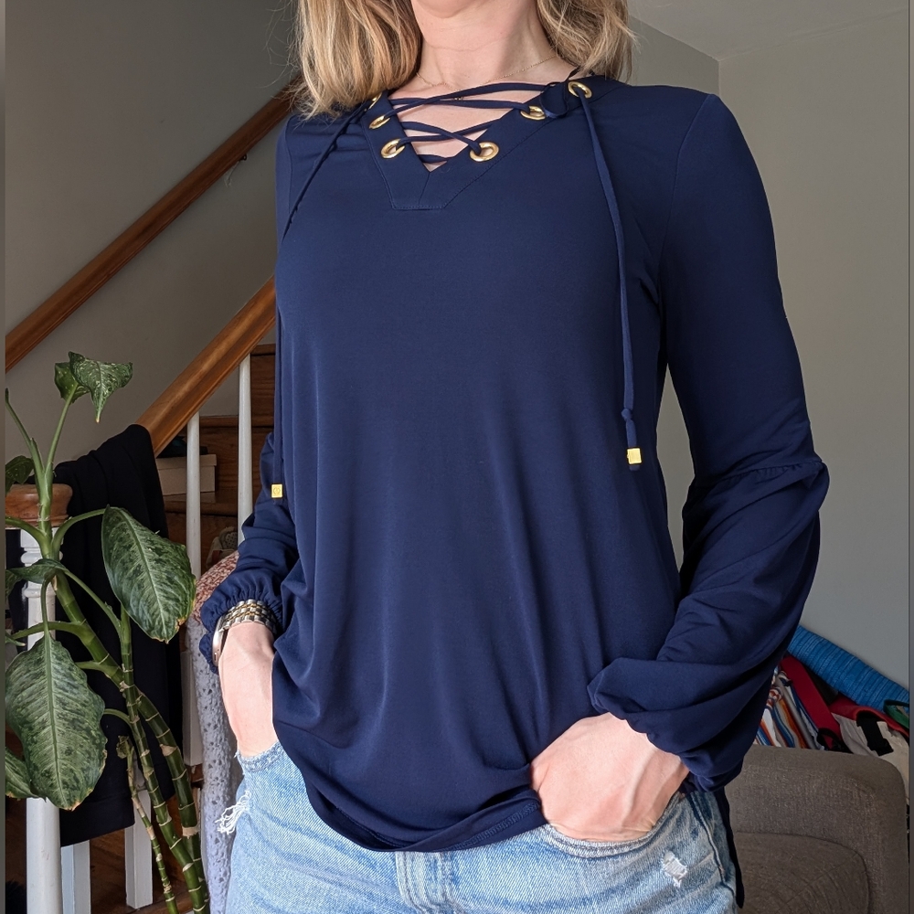 Michael Kors Navy Lace-Up Women's Top W/Balloon Sleeve - Size Small
